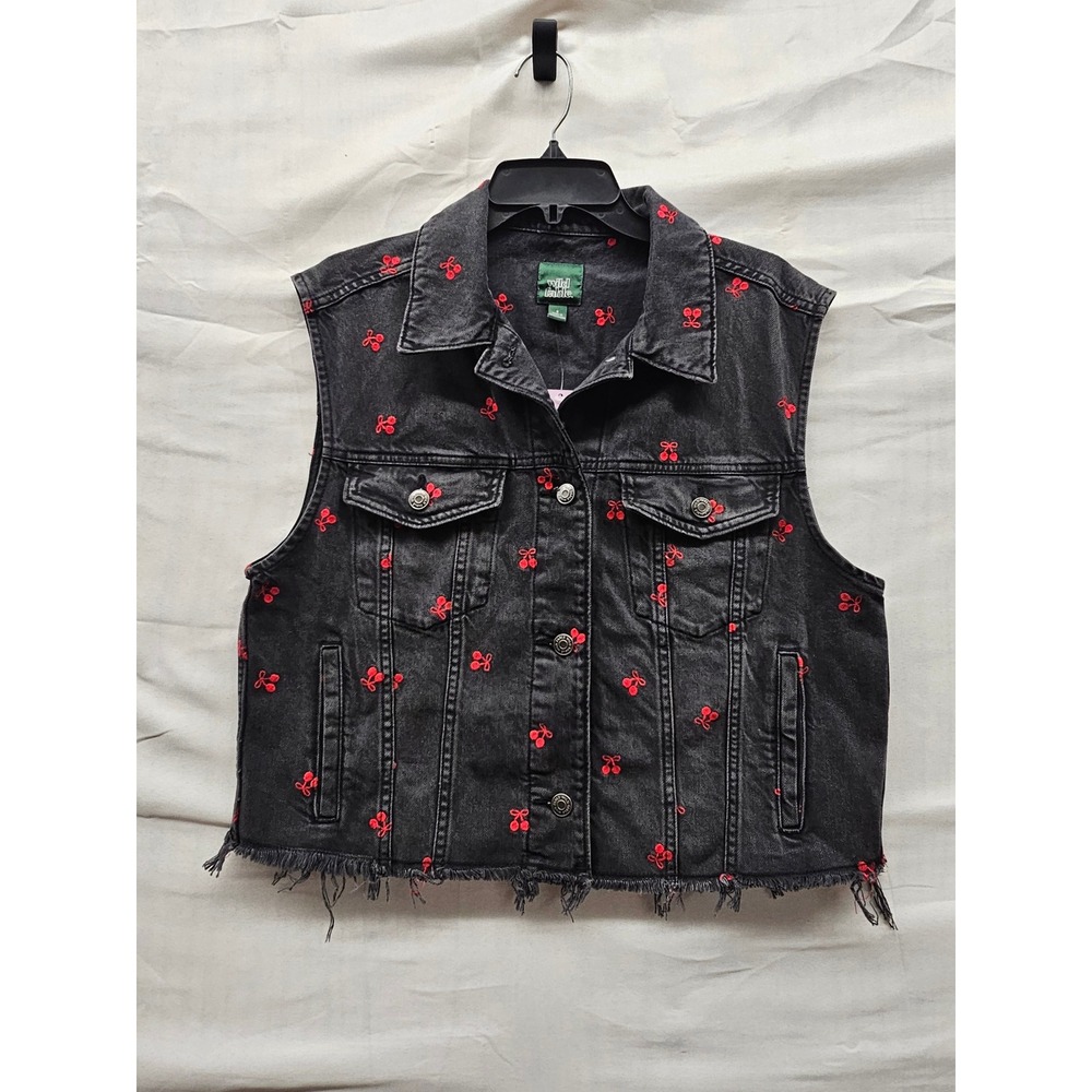 Wild Fable Womens Cherry Embroidered Denim Vest Black Cotton Casual Size Small